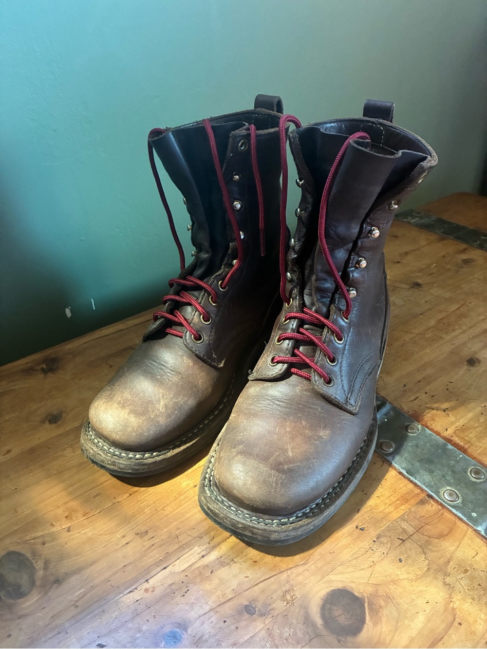 Men's Brown Leather Lace-Up Boots with Red Laces
